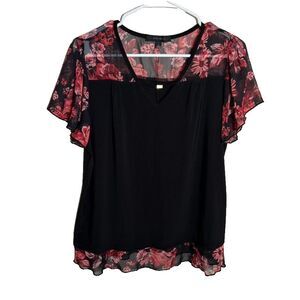 Atelier 29 Blouse Women's Large V-Neck Sheer Floral Layered Short Sleeve Top